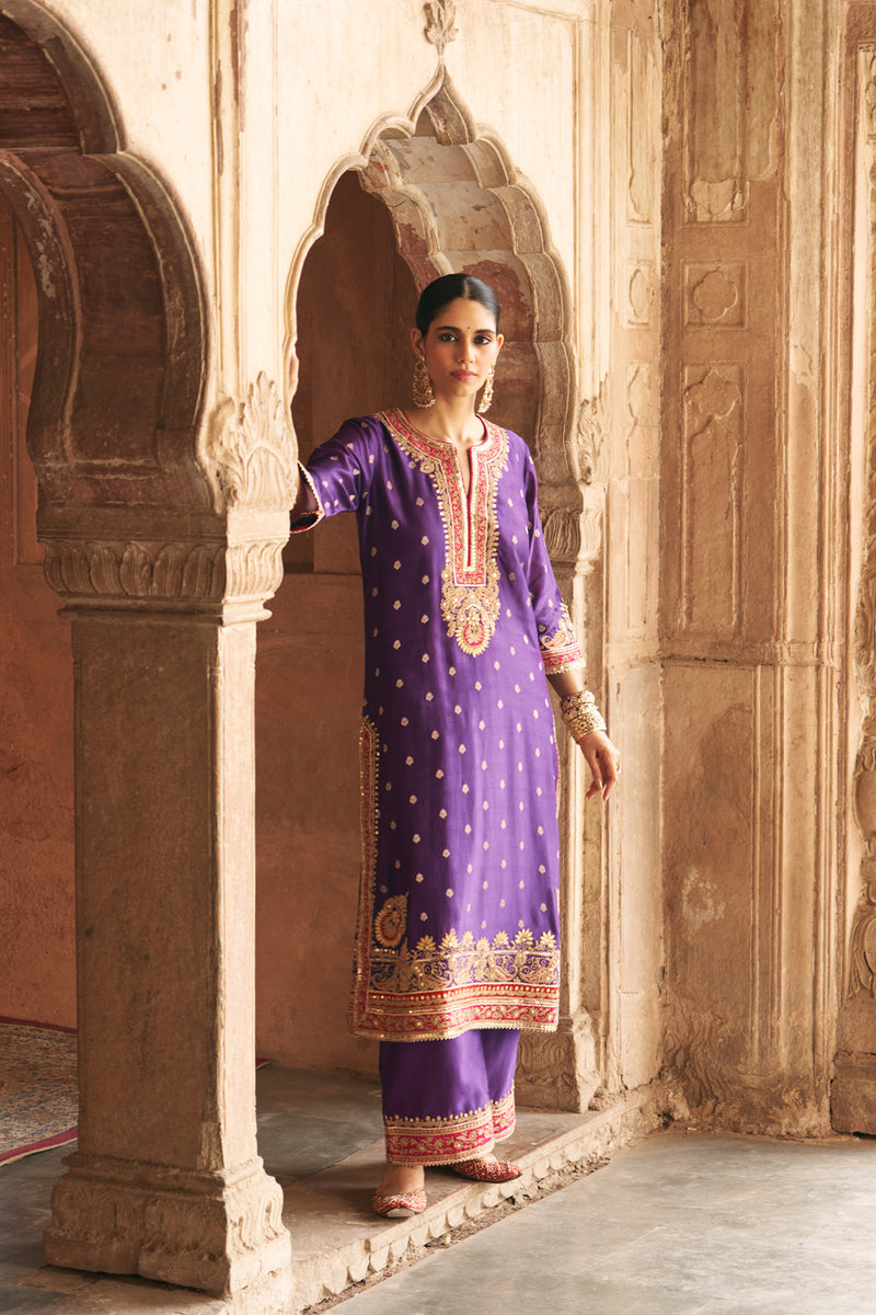 SOBIA - DEEP PURPLE LONG KURTA WITH PALAZZO AND DUPATTA silk chanderi kurta/kurta set by SHEETAL BATRA in purple for women Worldwide