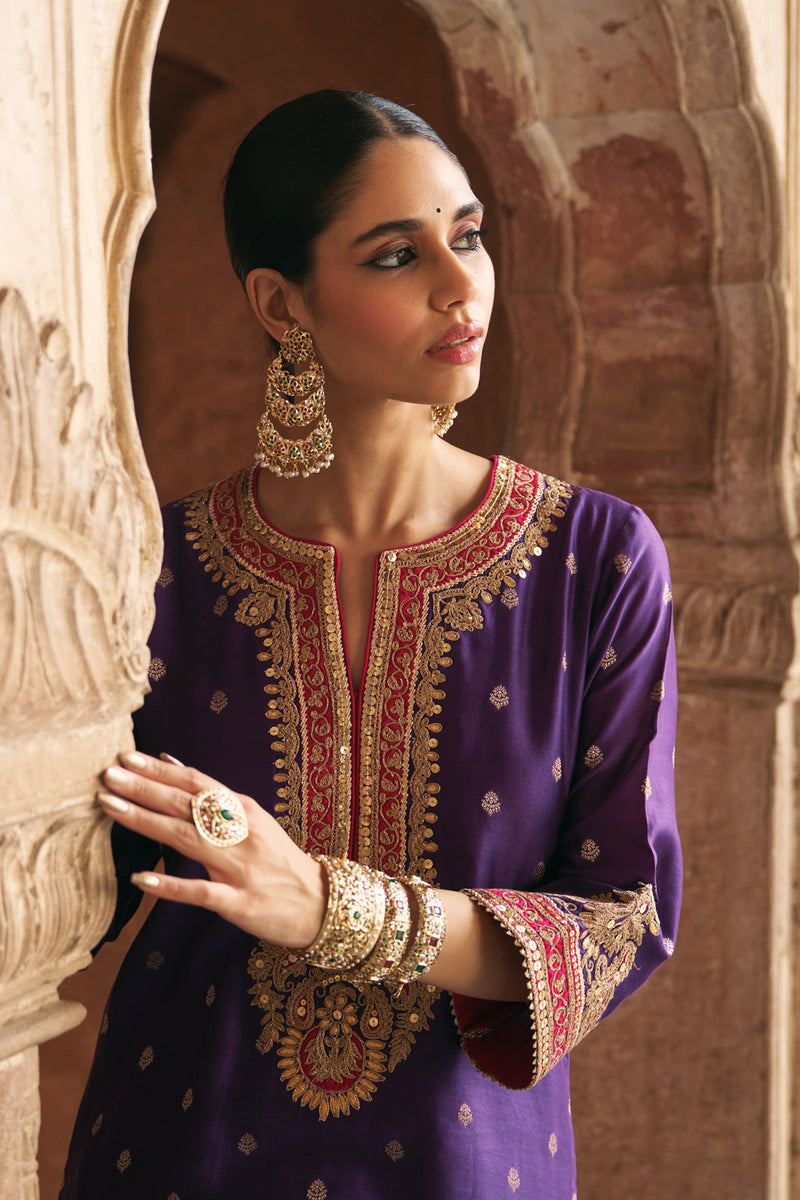 SOBIA - DEEP PURPLE LONG KURTA WITH PALAZZO AND DUPATTA silk chanderi kurta/kurta set by SHEETAL BATRA in purple for women Worldwide