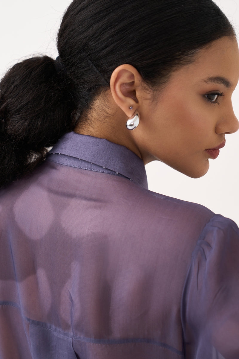 Beaded Collar Sheer Shirt Co-Ord-Ash Violet poplin, organza co-ord set by THREE in voilet for women Worldwide