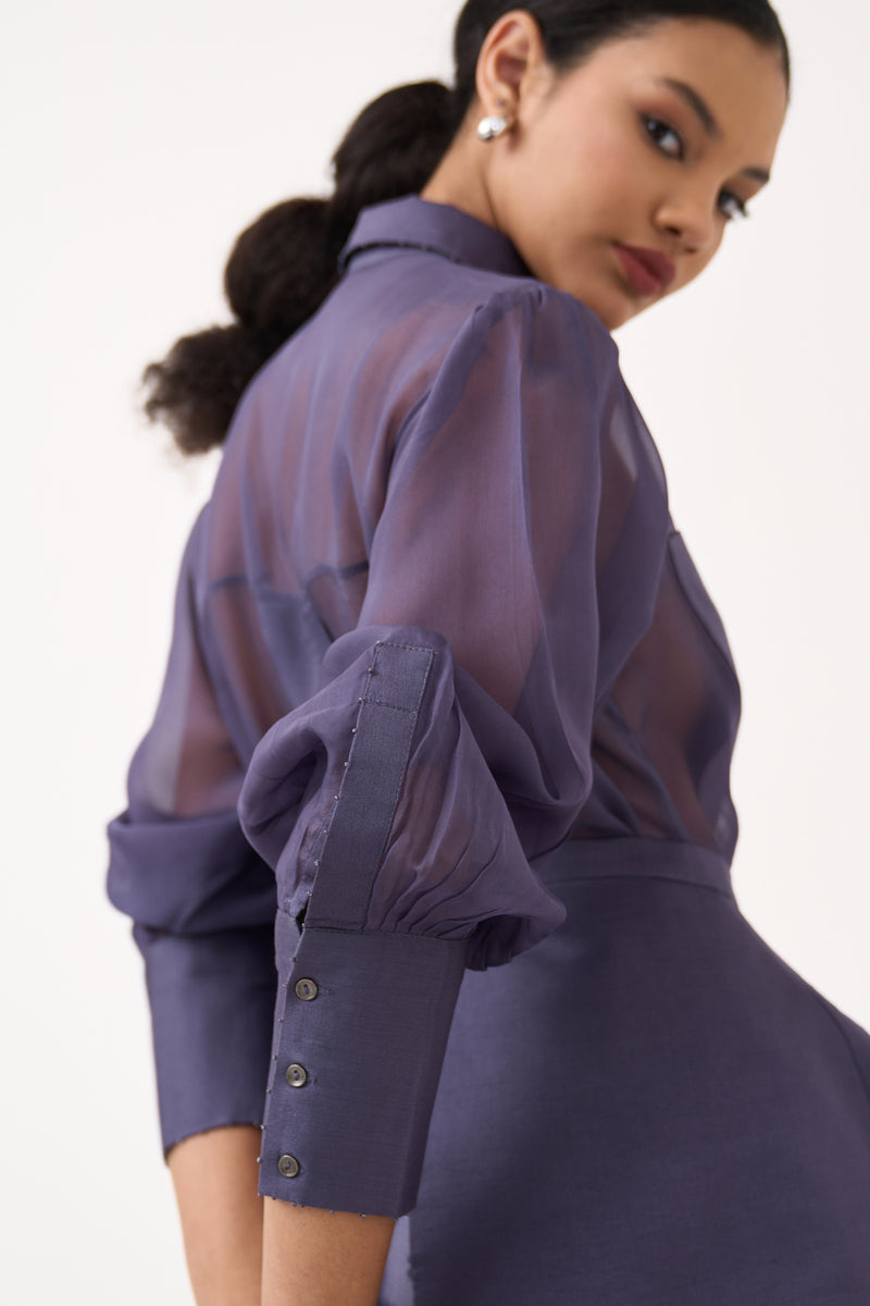 Beaded Collar Sheer Shirt Co-Ord-Ash Violet poplin, organza co-ord set by THREE in voilet for women Worldwide