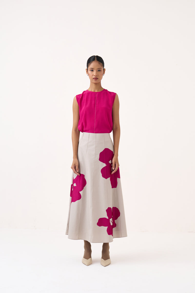Floral Reverse Applique Skirt-Dove Grey 100% cotton poplin skirt by THREE in grey, pink for women Worldwide