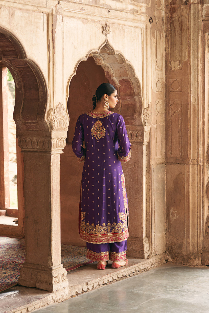 SOBIA - DEEP PURPLE LONG KURTA WITH PALAZZO AND DUPATTA silk chanderi kurta/kurta set by SHEETAL BATRA in purple for women Worldwide