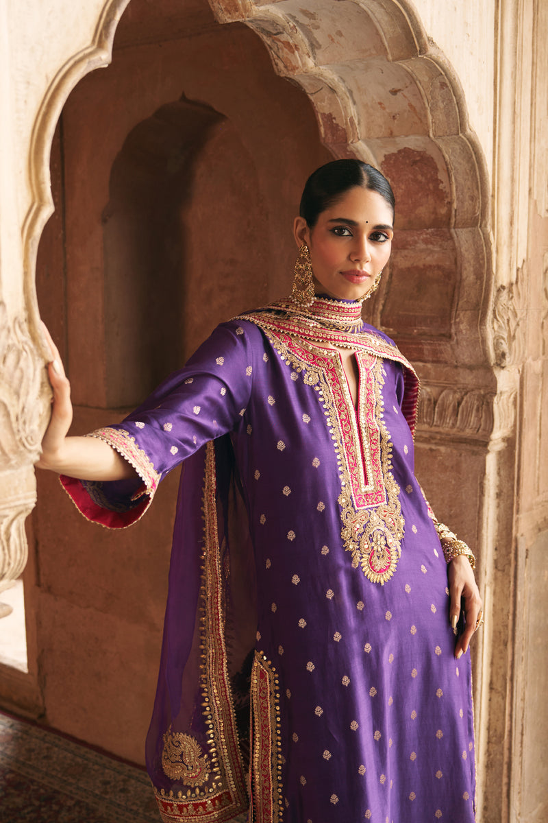 SOBIA - DEEP PURPLE LONG KURTA WITH PALAZZO AND DUPATTA silk chanderi kurta/kurta set by SHEETAL BATRA in purple for women Worldwide