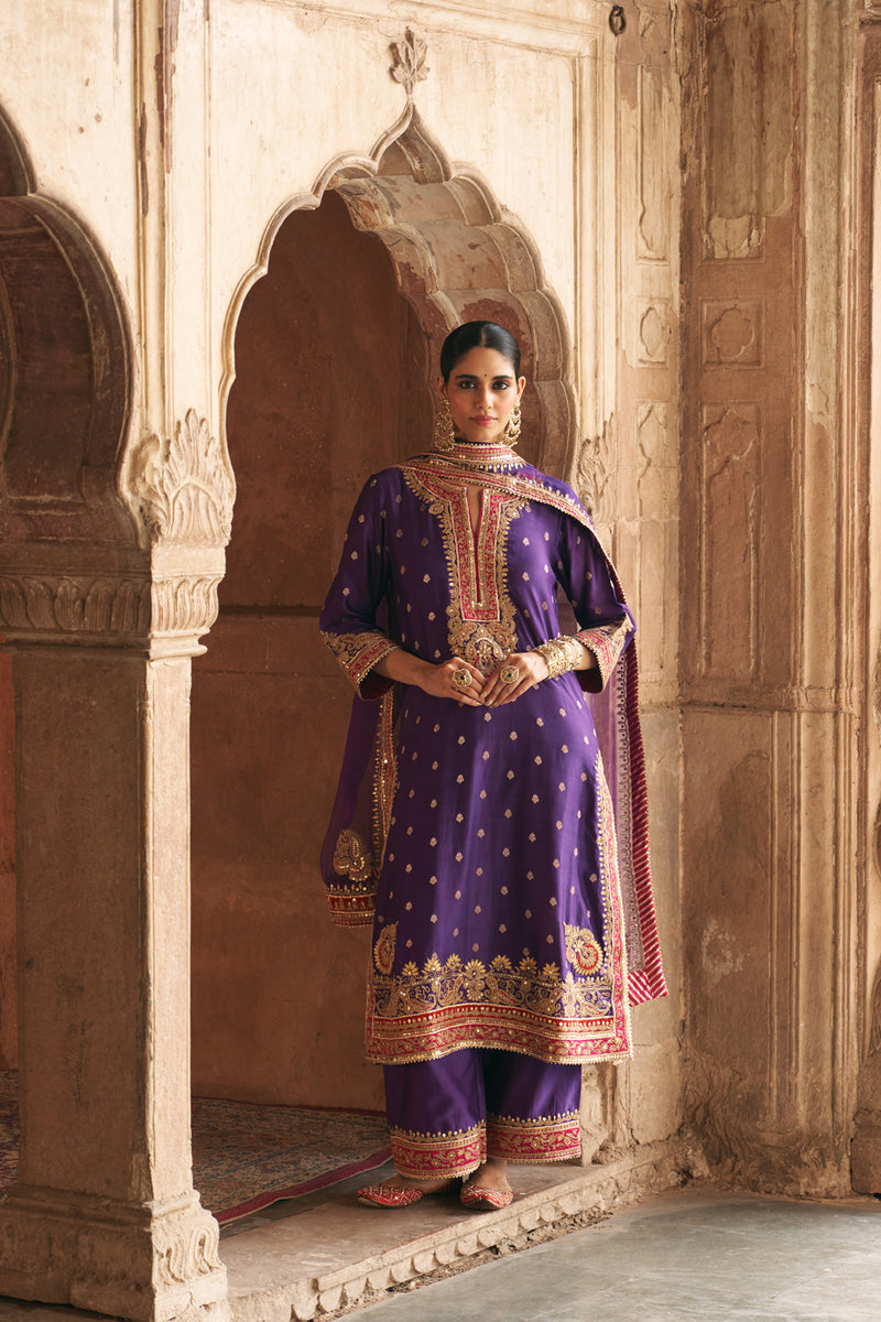SOBIA - DEEP PURPLE LONG KURTA WITH PALAZZO AND DUPATTA silk chanderi kurta/kurta set by SHEETAL BATRA in purple for women Worldwide