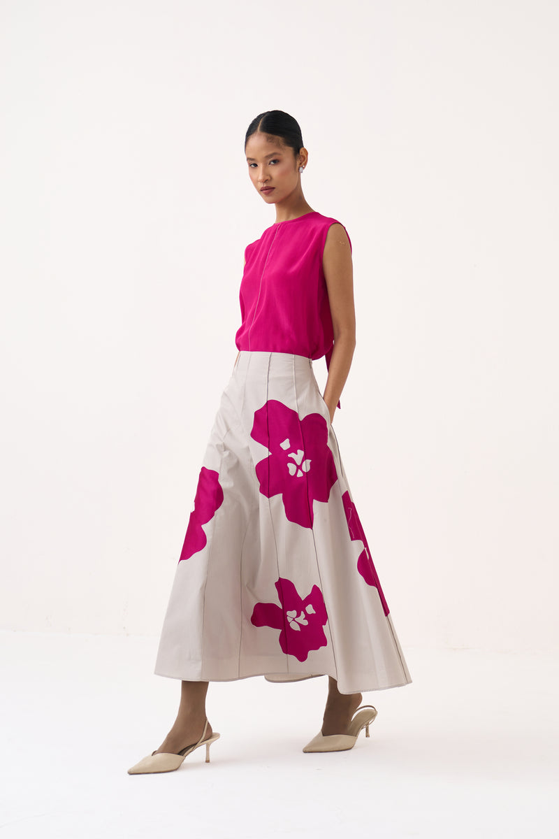 Floral Reverse Applique Skirt-Dove Grey 100% cotton poplin skirt by THREE in grey, pink for women Worldwide