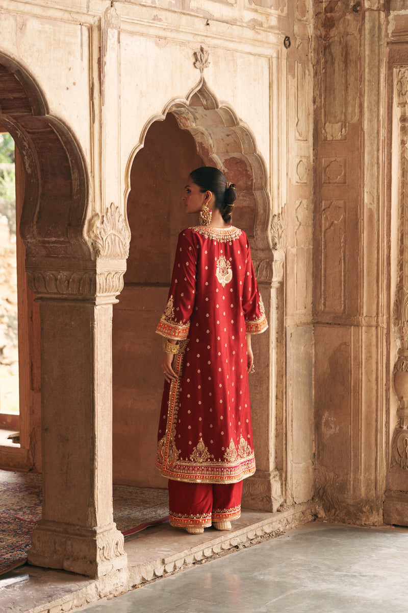 SUMAIRA - DEEP RED LONG KURTA WITH PALAZZO AND DUPATTA silk chanderi kurta/kurta set by SHEETAL BATRA in red for women Worldwide