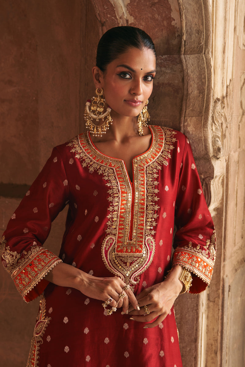 SUMAIRA - DEEP RED LONG KURTA WITH PALAZZO AND DUPATTA silk chanderi kurta/kurta set by SHEETAL BATRA in red for women Worldwide