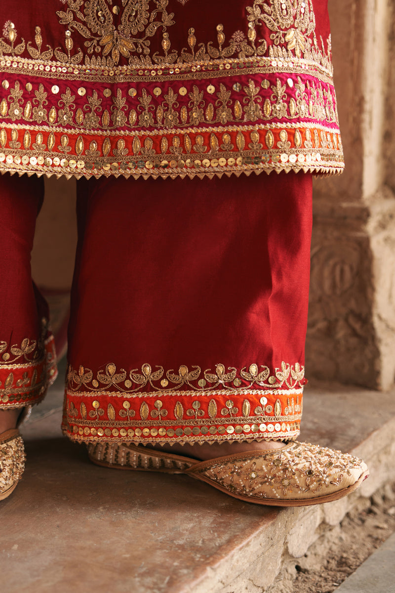 SUMAIRA - DEEP RED LONG KURTA WITH PALAZZO AND DUPATTA silk chanderi kurta/kurta set by SHEETAL BATRA in red for women Worldwide