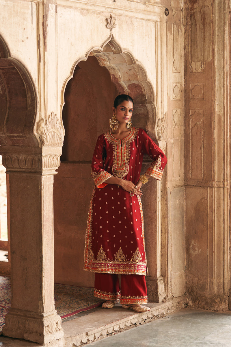 SUMAIRA - DEEP RED LONG KURTA WITH PALAZZO AND DUPATTA silk chanderi kurta/kurta set by SHEETAL BATRA in red for women Worldwide