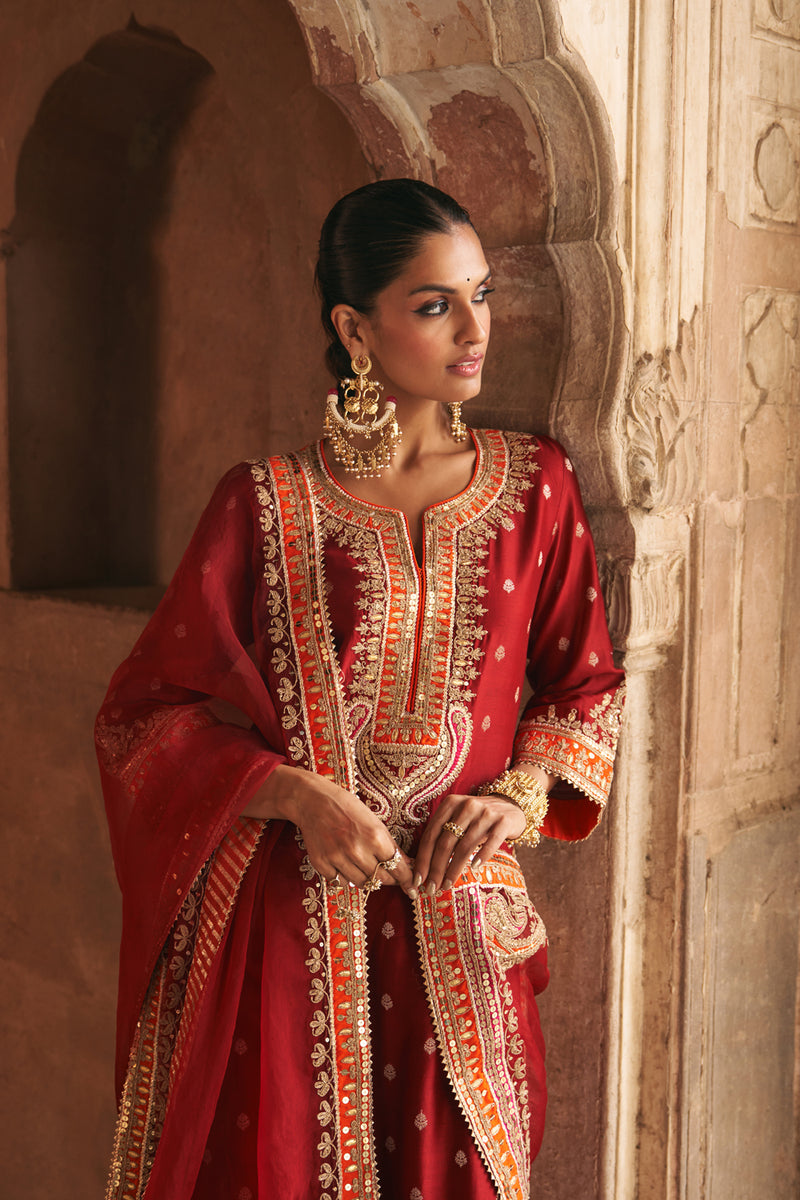 SUMAIRA - DEEP RED LONG KURTA WITH PALAZZO AND DUPATTA silk chanderi kurta/kurta set by SHEETAL BATRA in red for women Worldwide