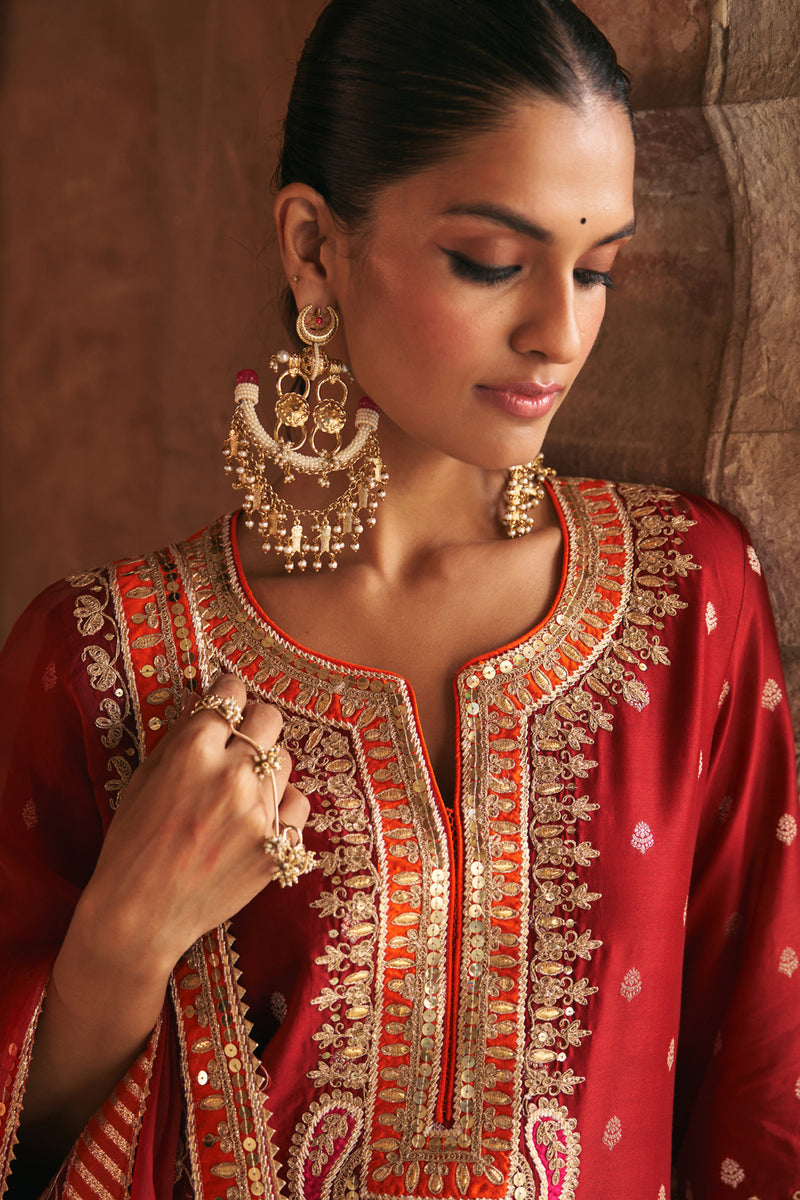 SUMAIRA - DEEP RED LONG KURTA WITH PALAZZO AND DUPATTA silk chanderi kurta/kurta set by SHEETAL BATRA in red for women Worldwide