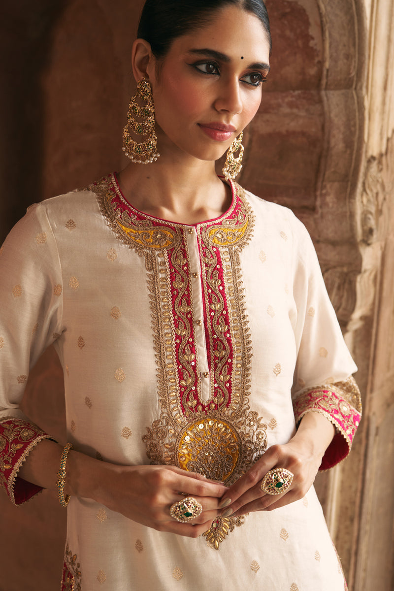 ANILA - DAISY IVORY SHORT KURTA WITH SALWAR chanderi silk kurta/kurta set by SHEETAL BATRA in ivory for women Worldwide
