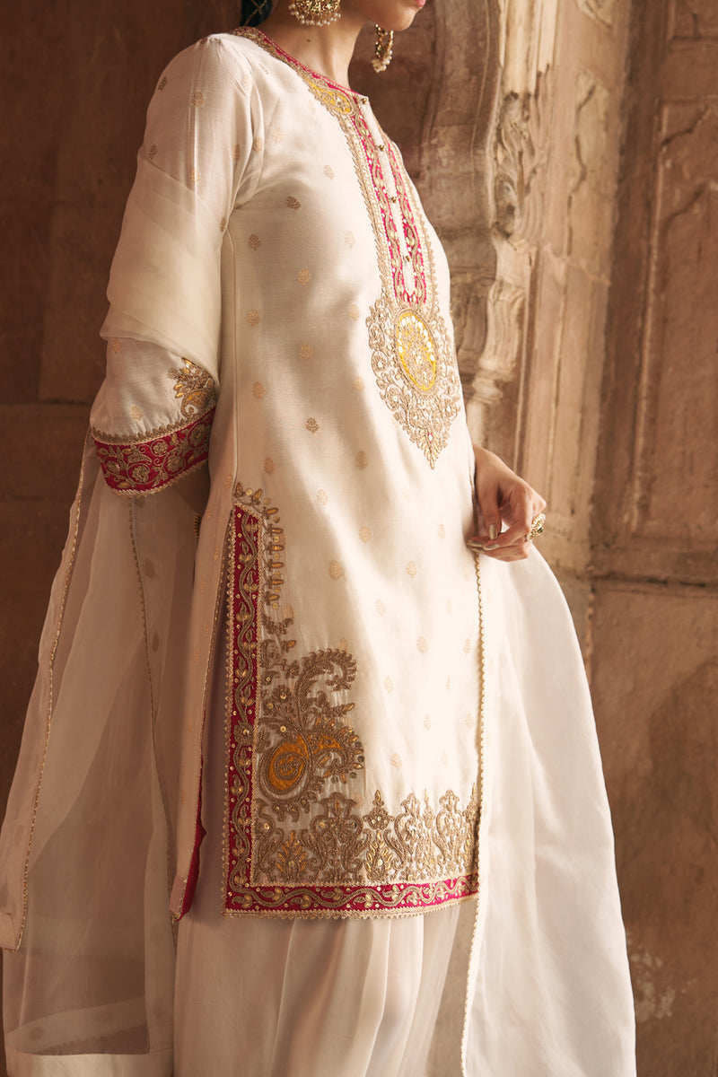 ANILA - DAISY IVORY SHORT KURTA WITH SALWAR chanderi silk kurta/kurta set by SHEETAL BATRA in ivory for women Worldwide