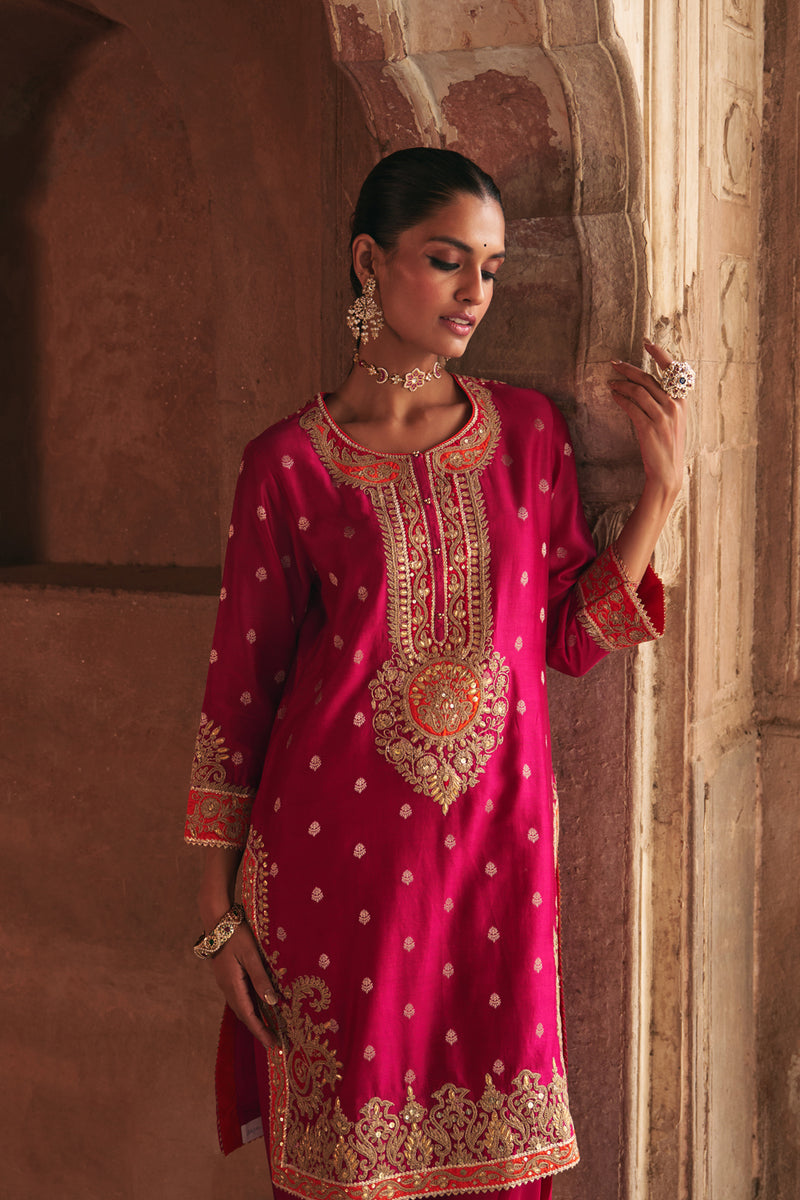 ANILA - HOTPINK SHORT KURTA WITH SALWAR chanderi silk kurta/kurta set by SHEETAL BATRA in pink for women Worldwide