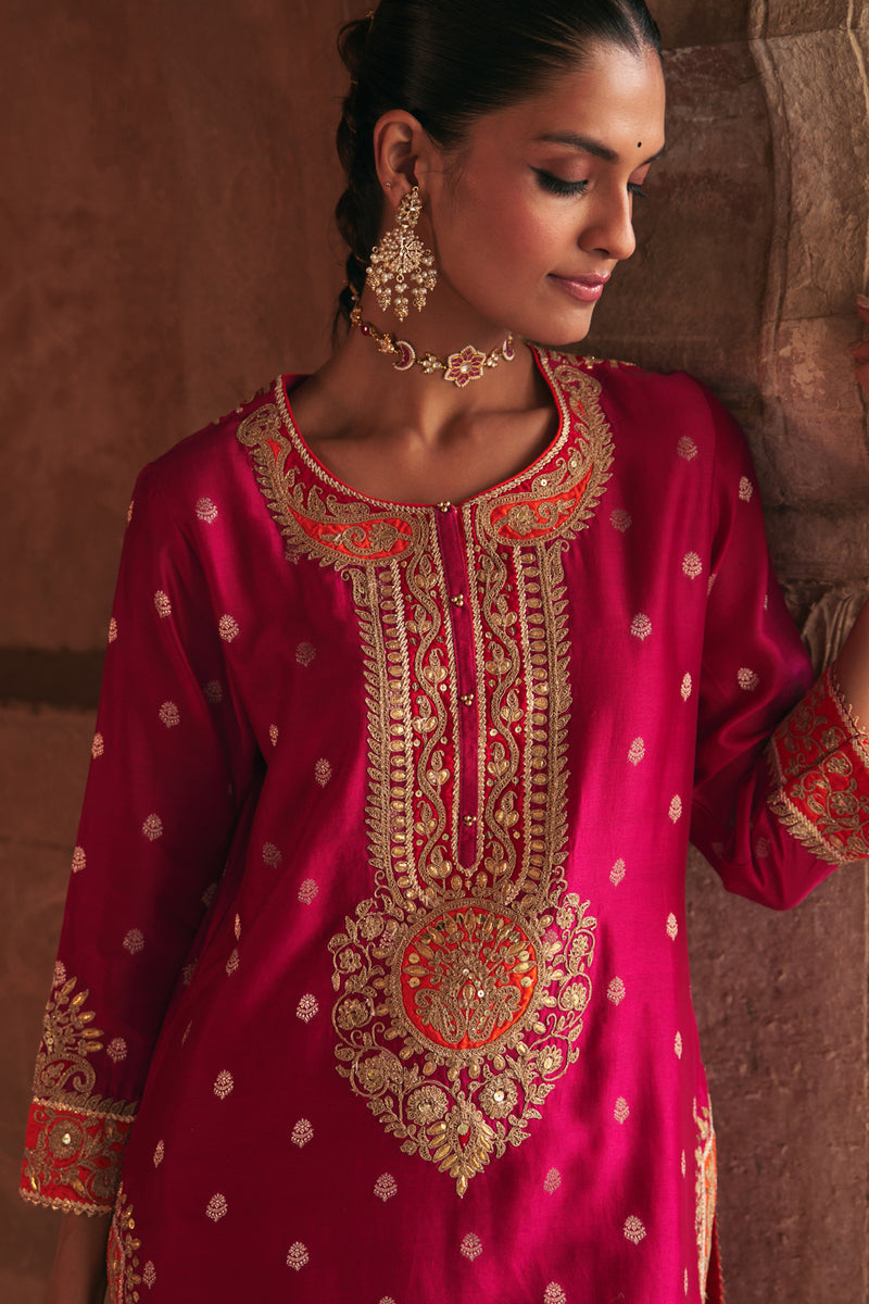 ANILA - HOTPINK SHORT KURTA WITH SALWAR chanderi silk kurta/kurta set by SHEETAL BATRA in pink for women Worldwide