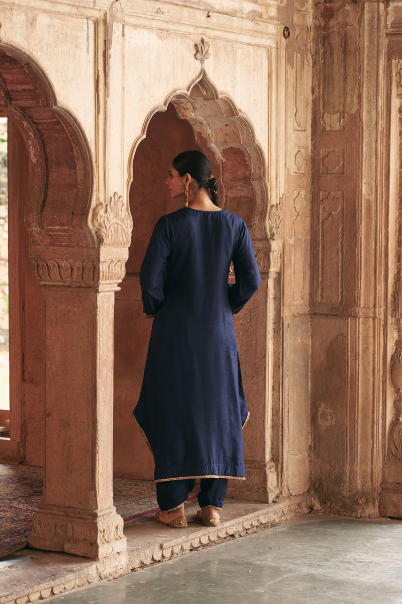 Amaya-Long Kaftan With Salwar-Deep Blue upada silk kurta/kurta set by SHEETAL BATRA in blue for women Worldwide