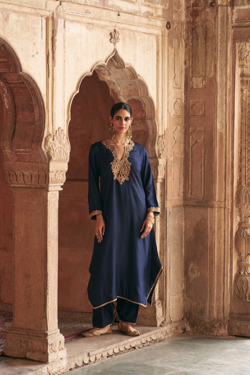 Amaya-Long Kaftan With Salwar-Deep Blue upada silk kurta/kurta set by SHEETAL BATRA in blue for women Worldwide