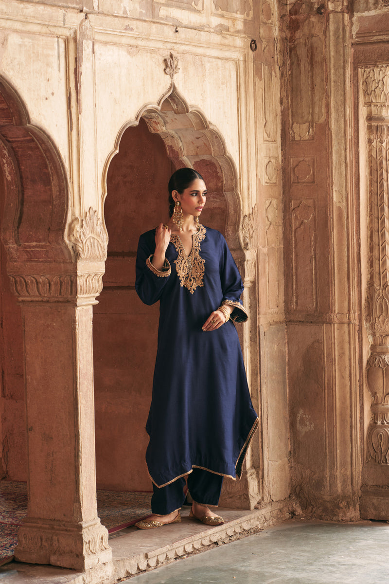 Amaya-Long Kaftan With Salwar-Deep Blue upada silk kurta/kurta set by SHEETAL BATRA in blue for women Worldwide