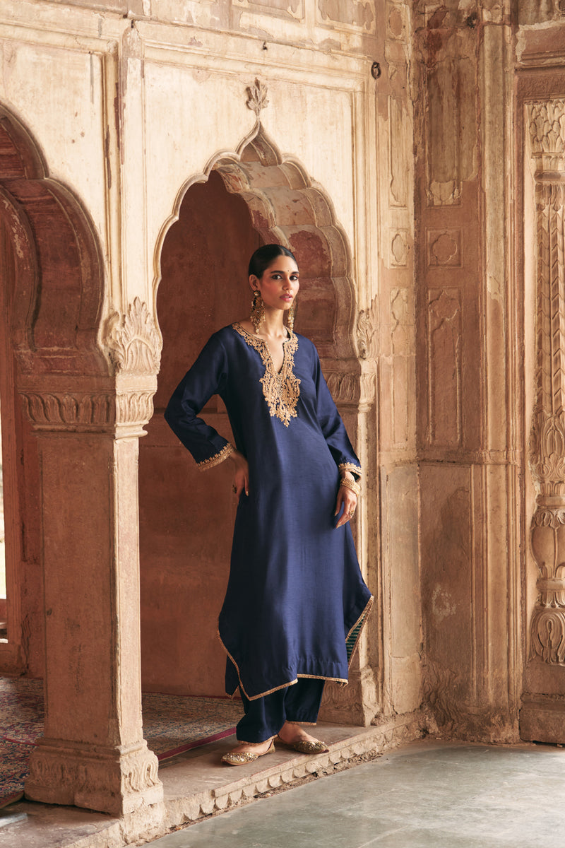 Amaya-Long Kaftan With Salwar-Deep Blue upada silk kurta/kurta set by SHEETAL BATRA in blue for women Worldwide
