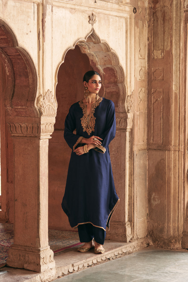 Amaya-Long Kaftan With Salwar-Deep Blue upada silk kurta/kurta set by SHEETAL BATRA in blue for women Worldwide