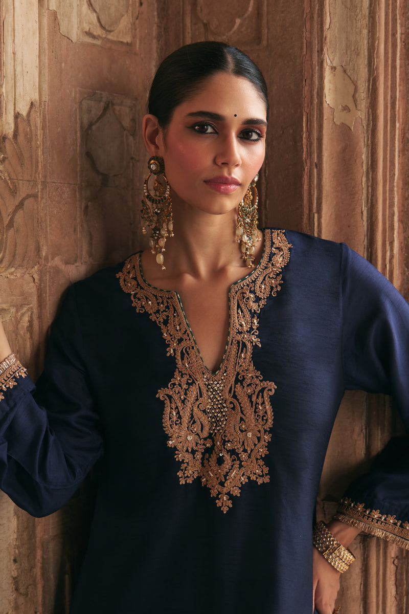 Amaya-Long Kaftan With Salwar-Deep Blue upada silk kurta/kurta set by SHEETAL BATRA in blue for women Worldwide