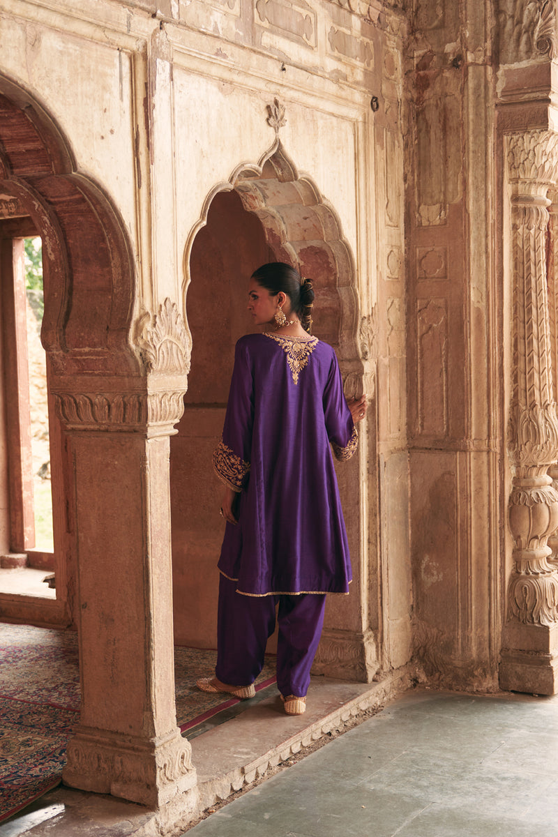 Marwa-Short Chauga With Salwar-Deep Purple upada silk kurta/kurta set by SHEETAL BATRA in purple for women Worldwide
