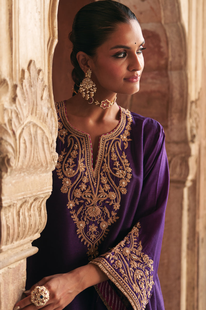 Marwa-Short Chauga With Salwar-Deep Purple upada silk kurta/kurta set by SHEETAL BATRA in purple for women Worldwide