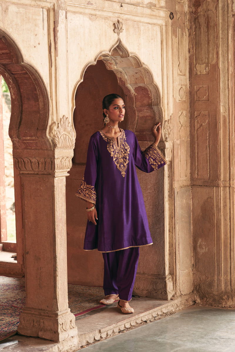 Marwa-Short Chauga With Salwar-Deep Purple upada silk kurta/kurta set by SHEETAL BATRA in purple for women Worldwide
