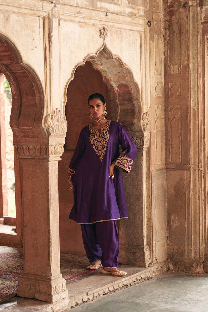 Marwa-Short Chauga With Salwar-Deep Purple upada silk kurta/kurta set by SHEETAL BATRA in purple for women Worldwide