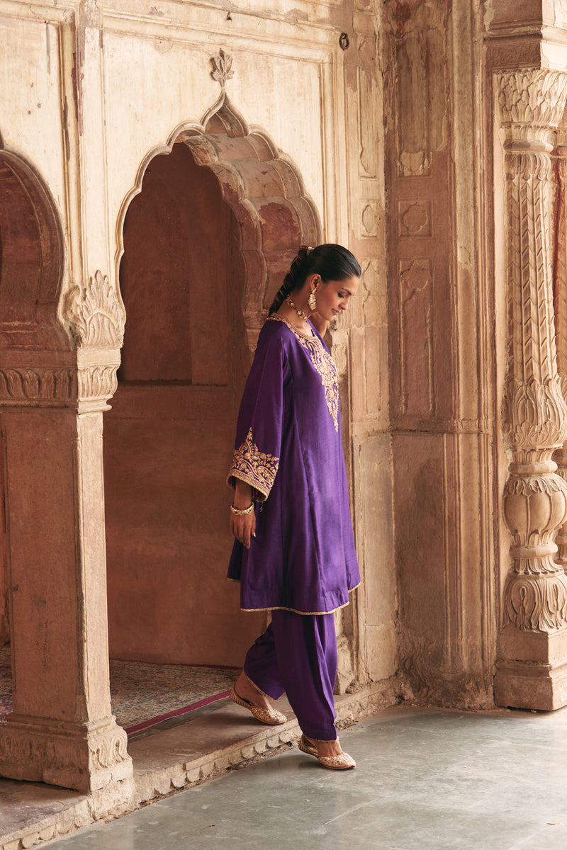 Marwa-Short Chauga With Salwar-Deep Purple upada silk kurta/kurta set by SHEETAL BATRA in purple for women Worldwide