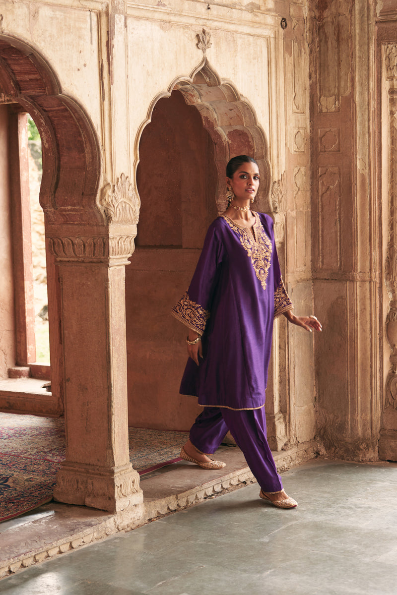 Marwa-Short Chauga With Salwar-Deep Purple upada silk kurta/kurta set by SHEETAL BATRA in purple for women Worldwide