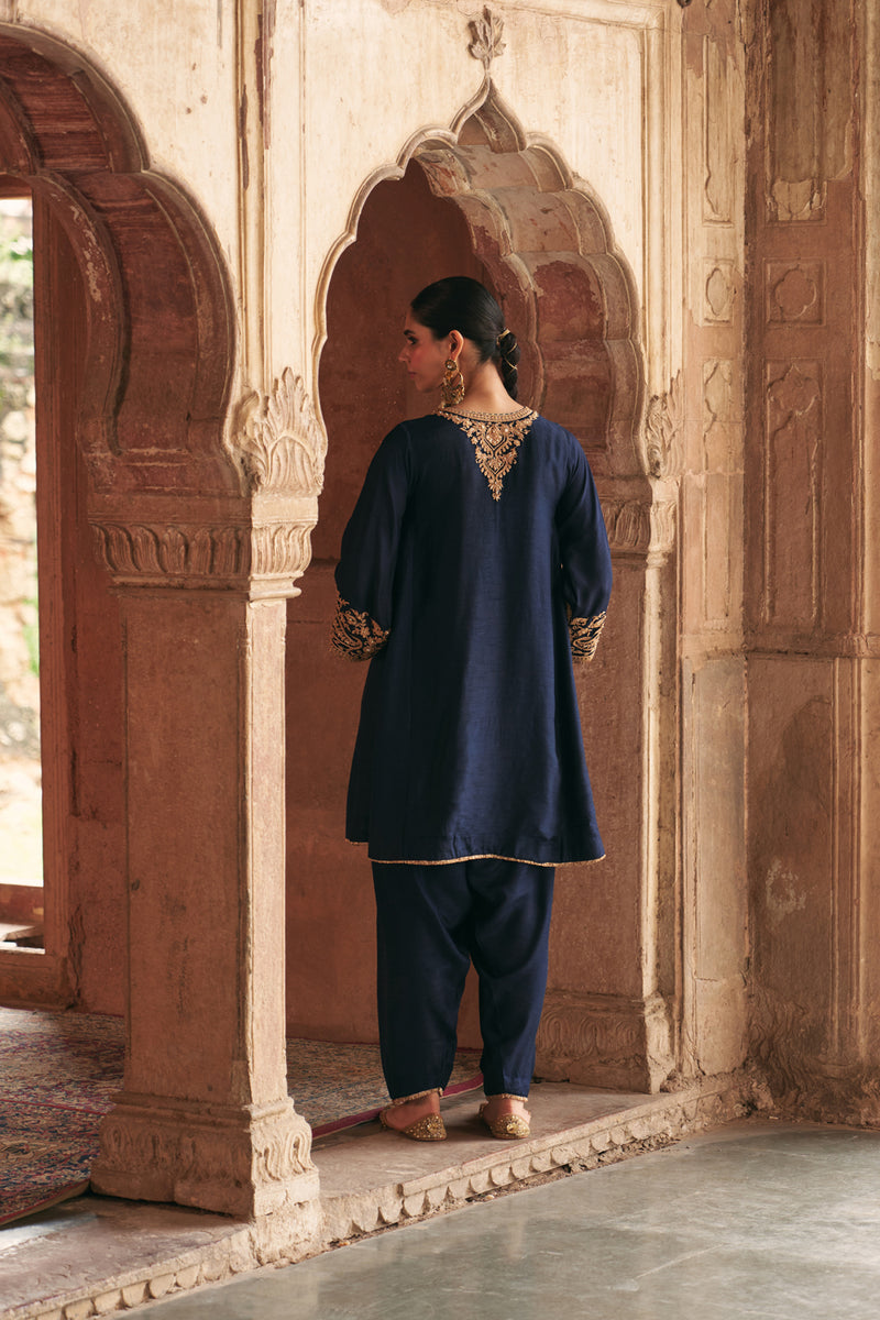 Marwa-Short Chauga With Salwar-Deep Blue upada silk kurta/kurta set by SHEETAL BATRA in blue for women Worldwide
