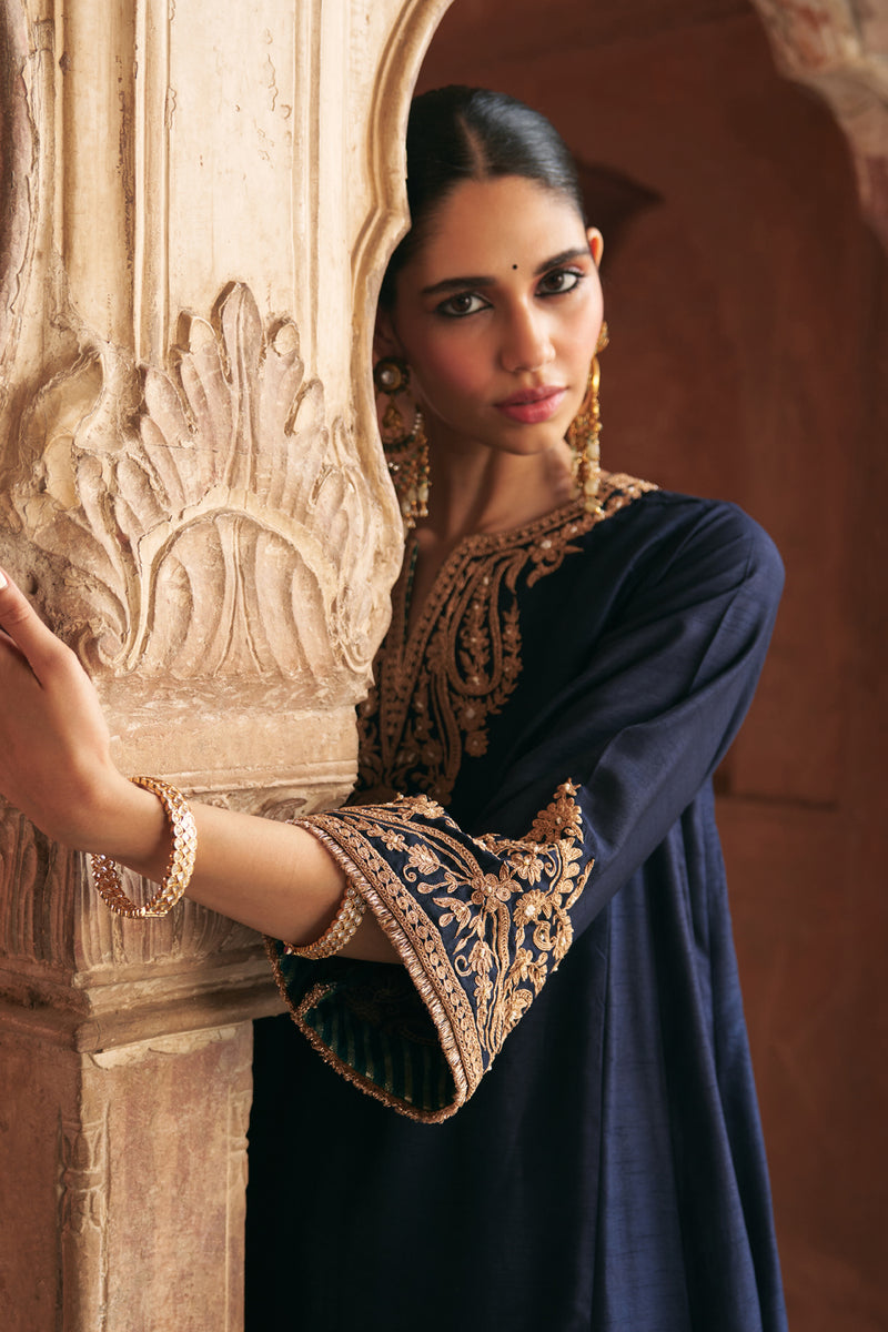 Marwa-Short Chauga With Salwar-Deep Blue upada silk kurta/kurta set by SHEETAL BATRA in blue for women Worldwide