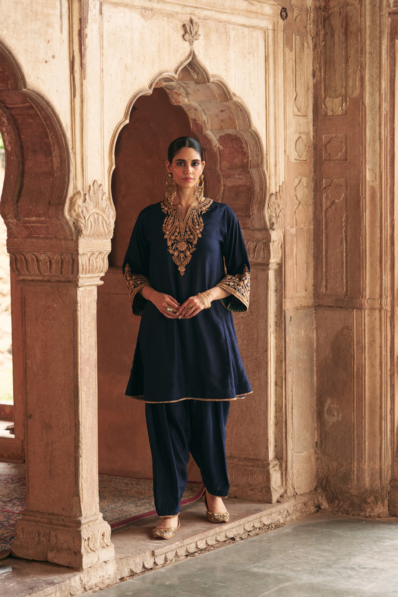 Marwa-Short Chauga With Salwar-Deep Blue upada silk kurta/kurta set by SHEETAL BATRA in blue for women Worldwide