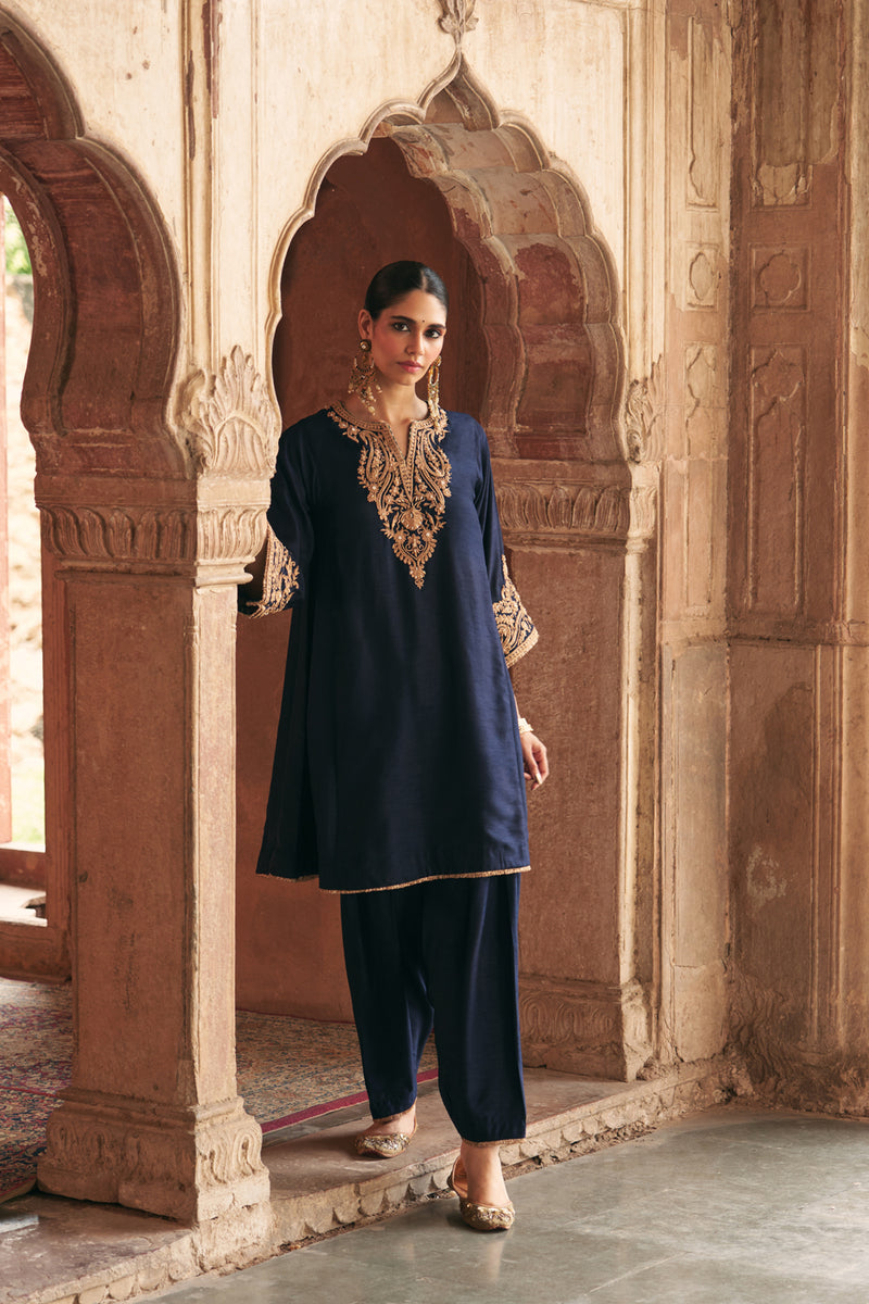 Marwa-Short Chauga With Salwar-Deep Blue upada silk kurta/kurta set by SHEETAL BATRA in blue for women Worldwide