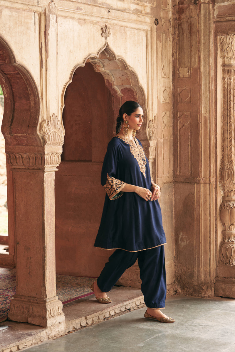 Marwa-Short Chauga With Salwar-Deep Blue upada silk kurta/kurta set by SHEETAL BATRA in blue for women Worldwide