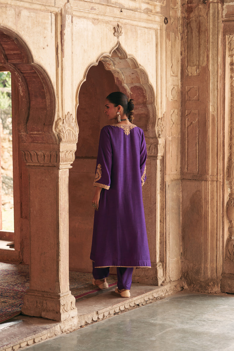 Haayat-Long Kaftan With Salwar-Deep Purple upada silk kurta/kurta set by SHEETAL BATRA in purple for women Worldwide
