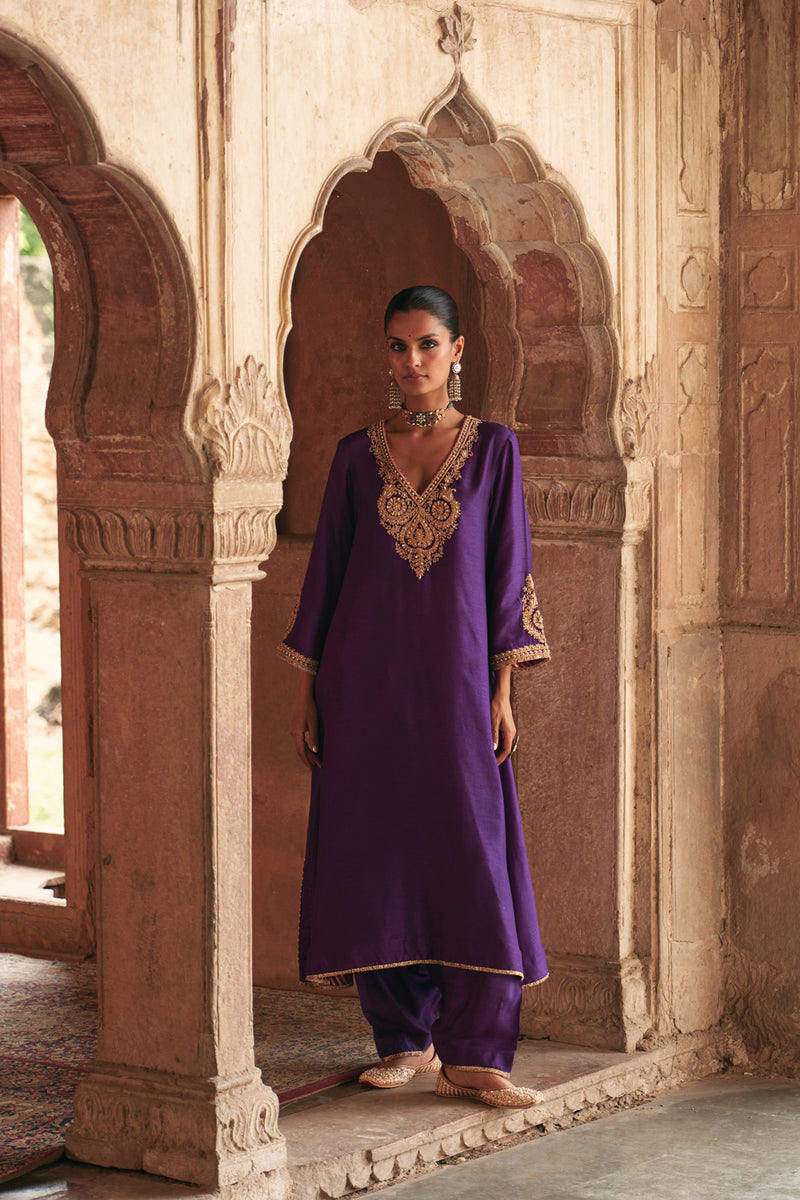 Haayat-Long Kaftan With Salwar-Deep Purple upada silk kurta/kurta set by SHEETAL BATRA in purple for women Worldwide