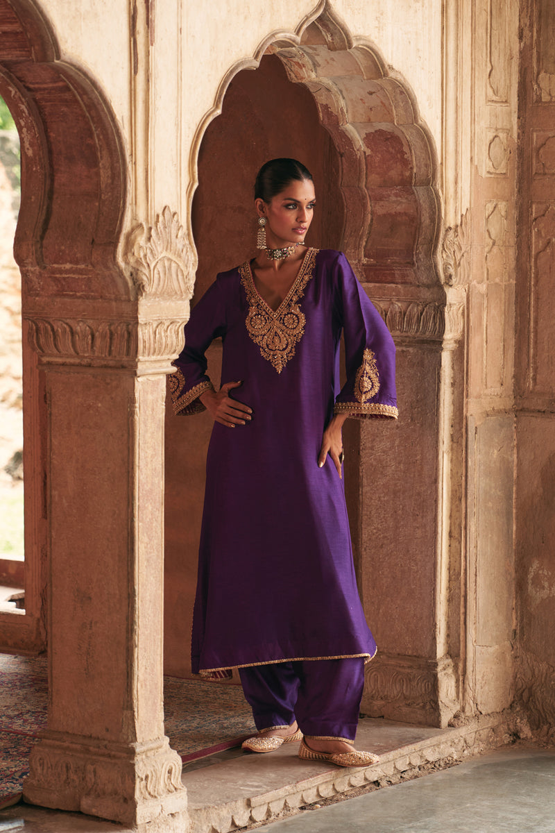 Haayat-Long Kaftan With Salwar-Deep Purple upada silk kurta/kurta set by SHEETAL BATRA in purple for women Worldwide