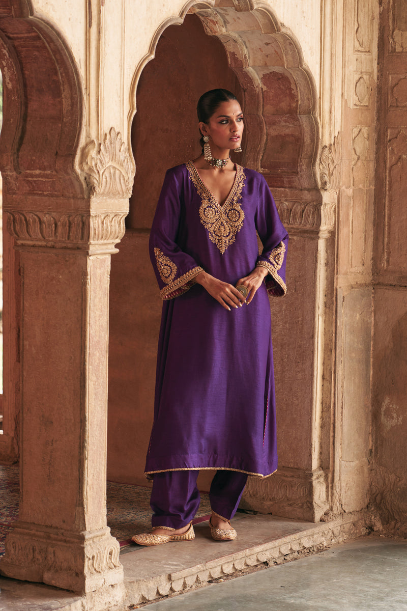 Haayat-Long Kaftan With Salwar-Deep Purple upada silk kurta/kurta set by SHEETAL BATRA in purple for women Worldwide