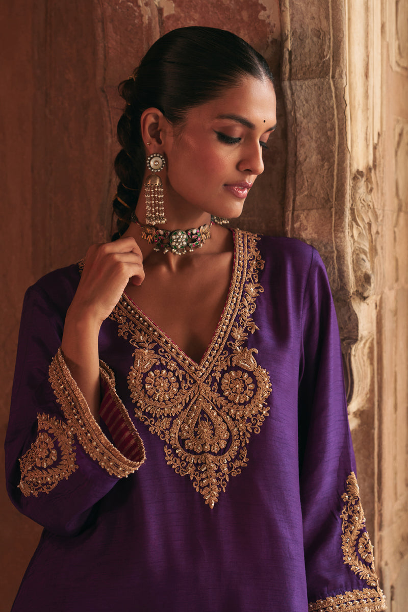 Haayat-Long Kaftan With Salwar-Deep Purple upada silk kurta/kurta set by SHEETAL BATRA in purple for women Worldwide