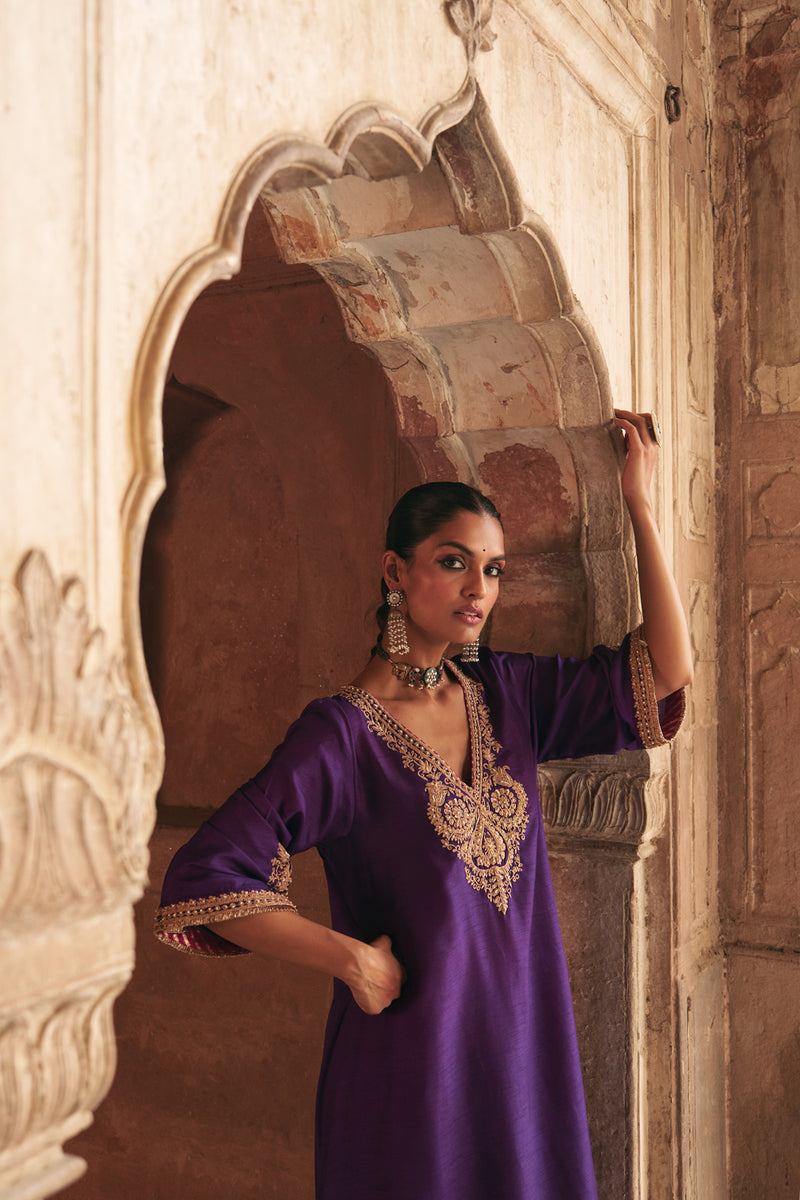 Haayat-Long Kaftan With Salwar-Deep Purple upada silk kurta/kurta set by SHEETAL BATRA in purple for women Worldwide