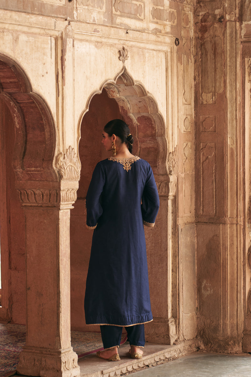 Haayat-Long Kaftan With Salwar-Deep Blue upada silk kurta/kurta set by SHEETAL BATRA in blue for women Worldwide