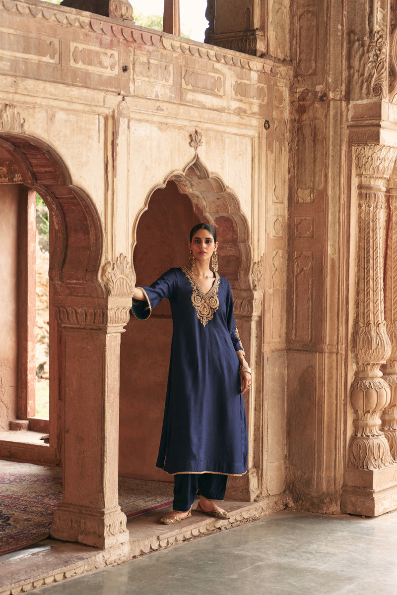 Haayat-Long Kaftan With Salwar-Deep Blue upada silk kurta/kurta set by SHEETAL BATRA in blue for women Worldwide