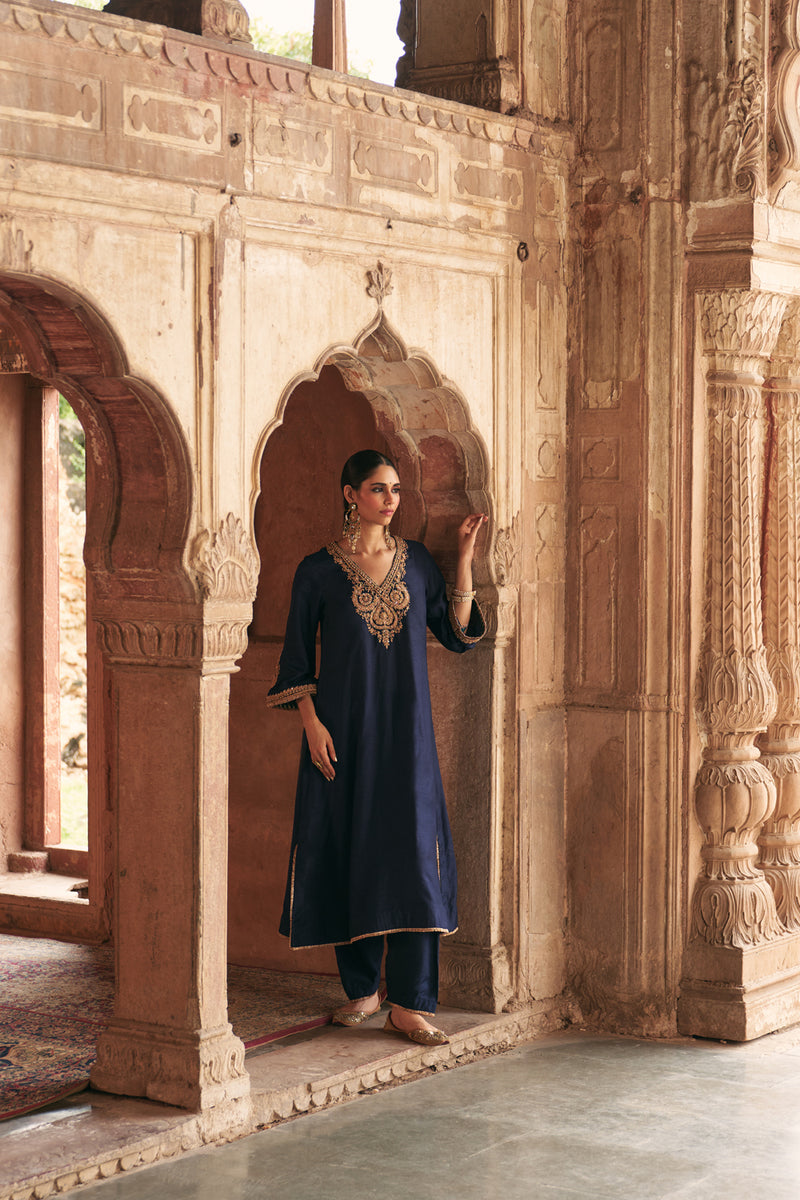 Haayat-Long Kaftan With Salwar-Deep Blue upada silk kurta/kurta set by SHEETAL BATRA in blue for women Worldwide