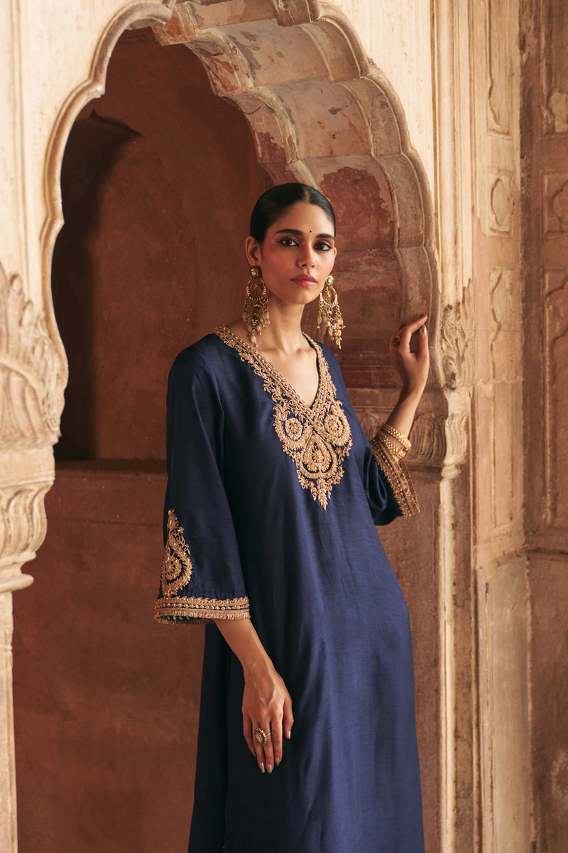 Haayat-Long Kaftan With Salwar-Deep Blue upada silk kurta/kurta set by SHEETAL BATRA in blue for women Worldwide