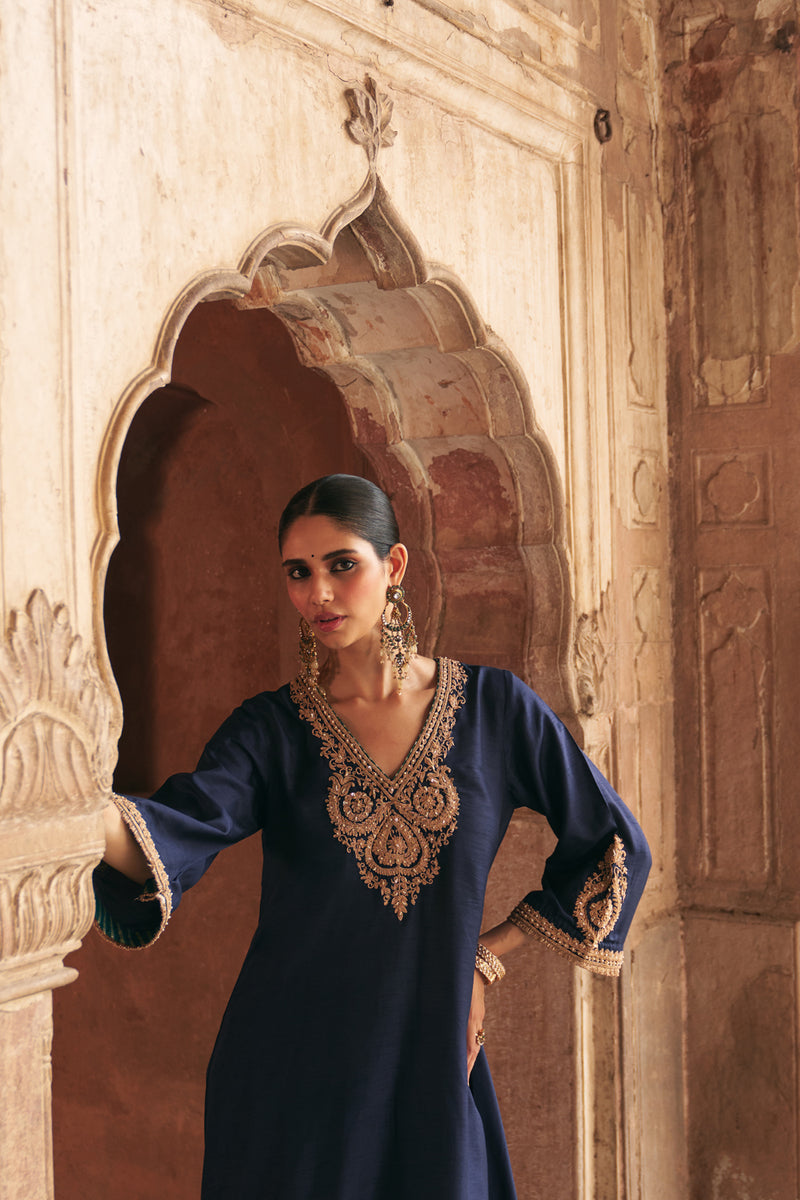 Haayat-Long Kaftan With Salwar-Deep Blue upada silk kurta/kurta set by SHEETAL BATRA in blue for women Worldwide