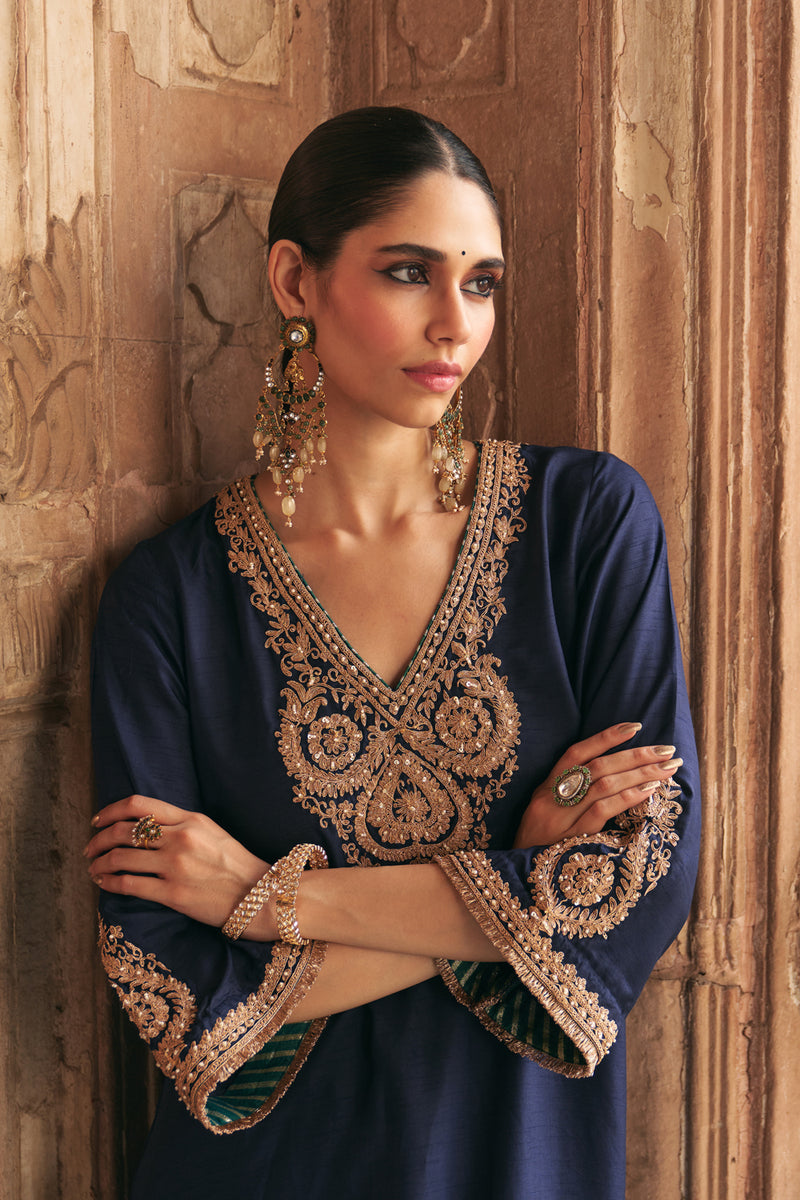 Haayat-Long Kaftan With Salwar-Deep Blue upada silk kurta/kurta set by SHEETAL BATRA in blue for women Worldwide