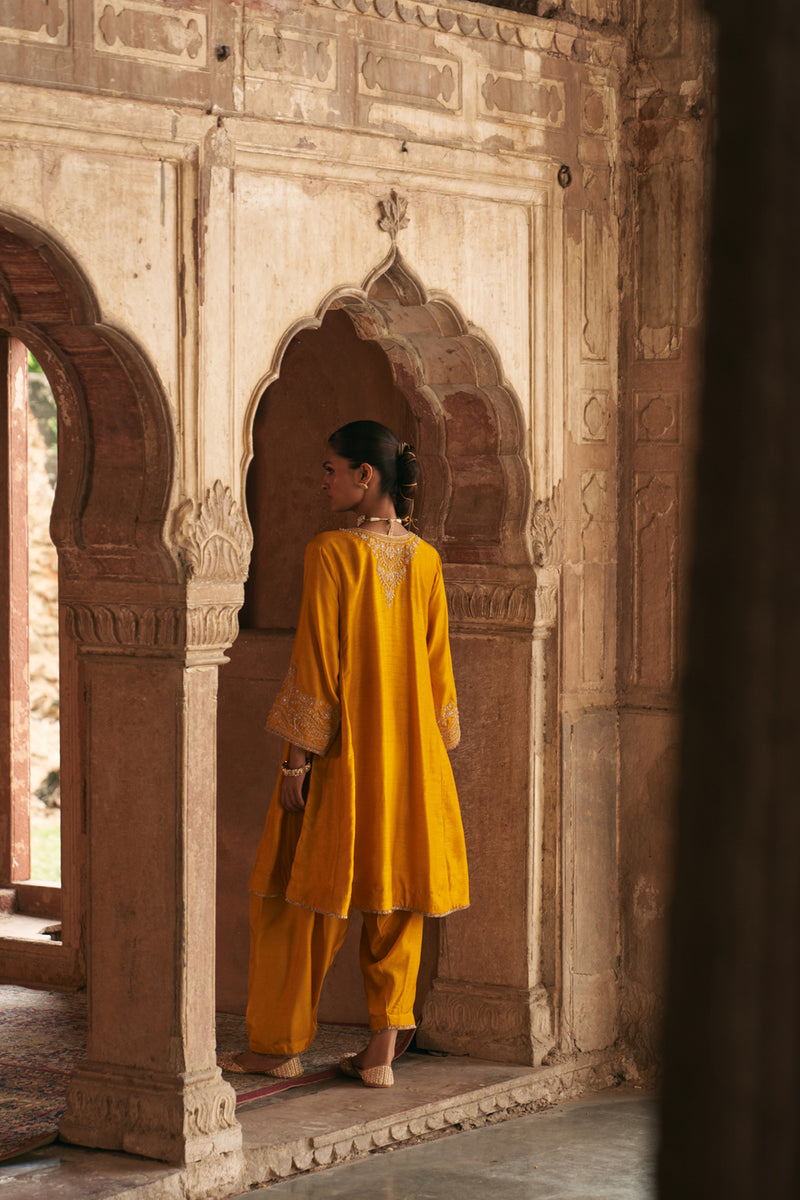 Marwa-Short Chauga With Salwar-Mustrad upada silk kurta/kurta set by SHEETAL BATRA in mustrad for women Worldwide