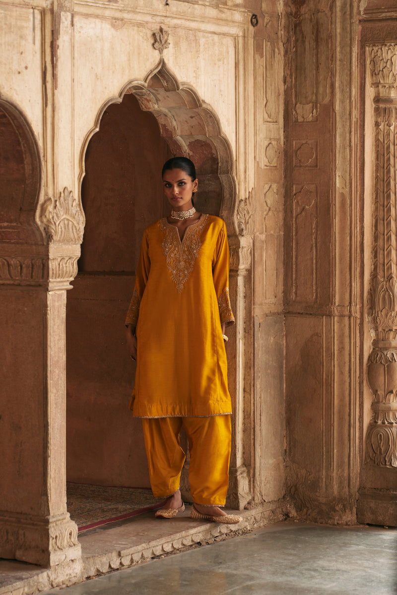 Marwa-Short Chauga With Salwar-Mustrad upada silk kurta/kurta set by SHEETAL BATRA in mustrad for women Worldwide
